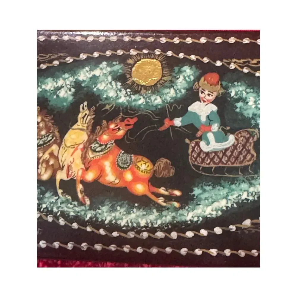 Palekh Russian Hand-Painted Lacquer Box Signed Sleigh Horses